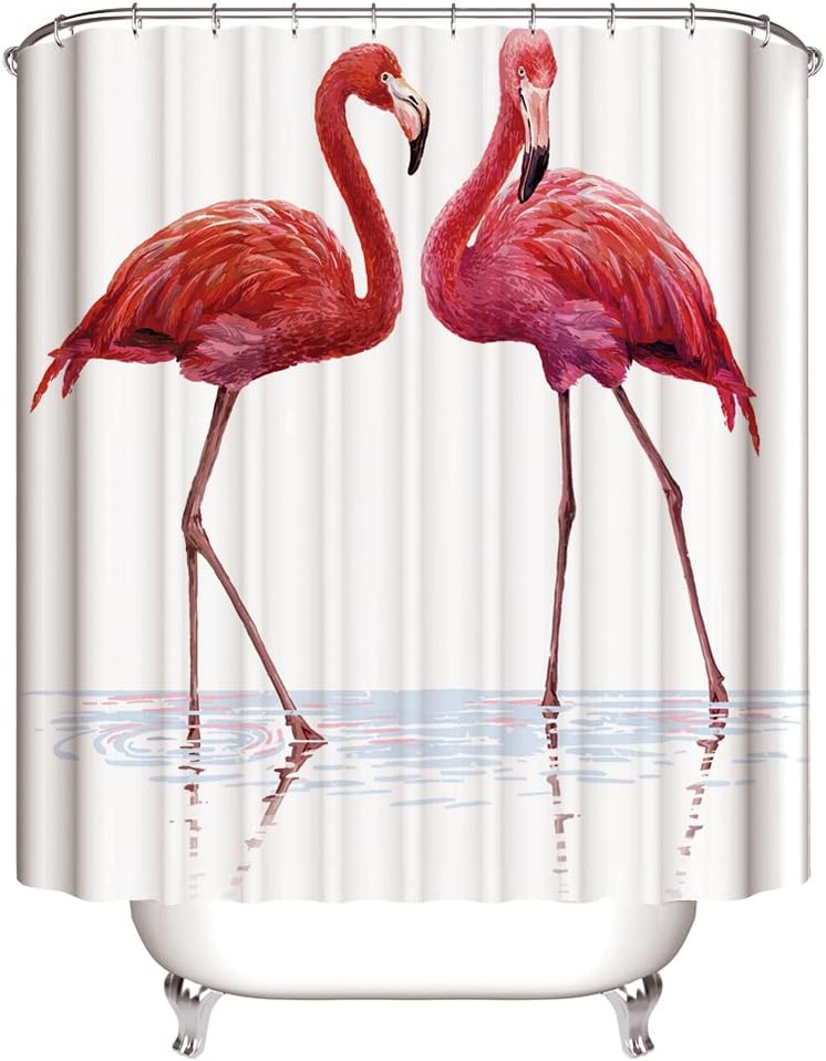 GraceFINE Shower Curtain 3D Polyester Fabric Waterproof Bath Curtains Antibacterial Bathroom Curtain with Hooks 180*180cm (Flamingo)