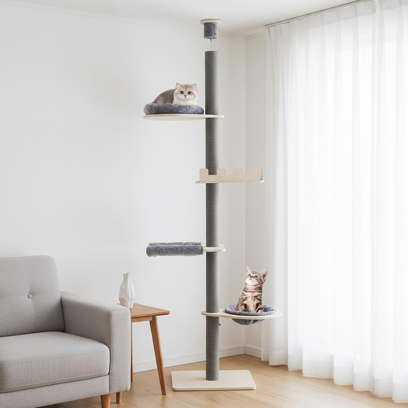 COSTWAY Kratzbaum deckenhoch, 236-271 cm, von Boden bis Decke, 5-stöckiger Katzenbaum, Dicke Stämme, Katzenkratzbaum hoch, Kletterbaum mit Hängematte & Korb & Bett, Katzen Katzenmöbel Holz, Grau