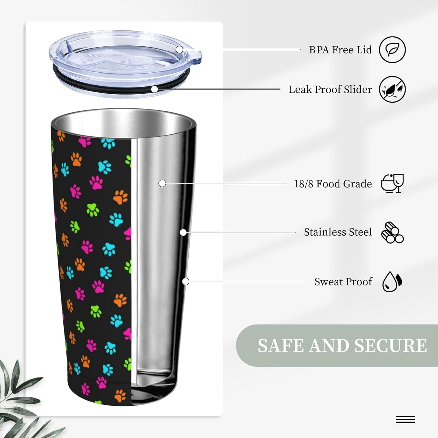 Dujiea 20oz Tumbler With Lid And Straw, Colorful Dog Cat Paw Print Vacuum Insulated Iced Coffee Mug Reusable Travel Cup Stainless Steel Water Bottle - Image 6