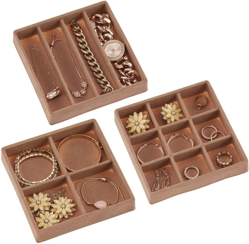 mDesign Plastic Small 3-Drawer Jewelry Organizer Box for Storage on Dresser, Vanity, Countertop - Holds Earrings, Bracelets, Necklaces, Bangles, Rings, 2 Pack - Cream/Brown