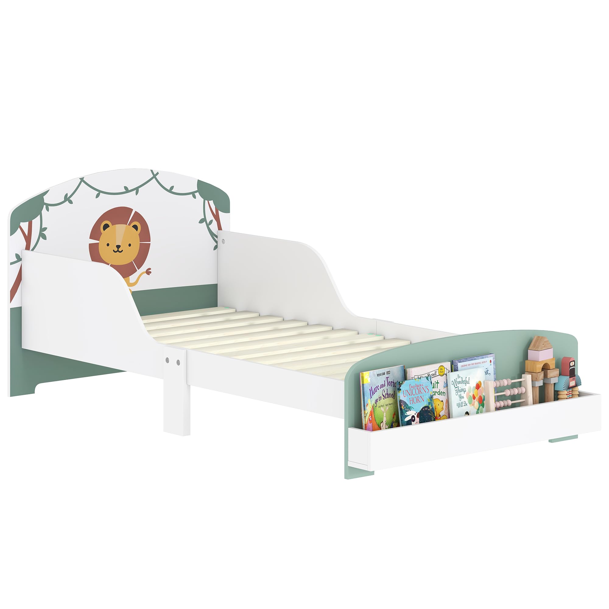 AIYAPLAY Lit Enfant 70x140cm, Lit pour Enfant avec Barrière de Sécurité et Sommier à Lattes en Bois, Espace de Rangement, Motif de Lion, pour Garçons et Filles de 3 à 8 Ans, Vert (Matelas Non Inclus)