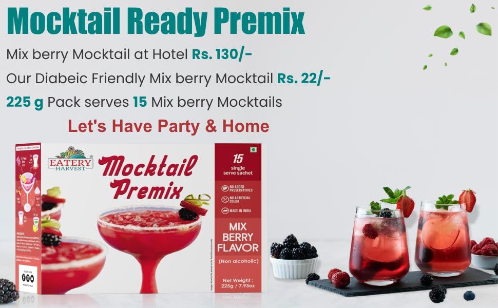 Image of EATERY HARVEST Non-Alcoholic Mocktail Premix - Delicious Mix Berry, 225g (15 x 15g Sachets). Sparkling Highball Cocktail Mixer, Vegan, No Artificial Colors, Easy to Prepare, Room Temp Storage