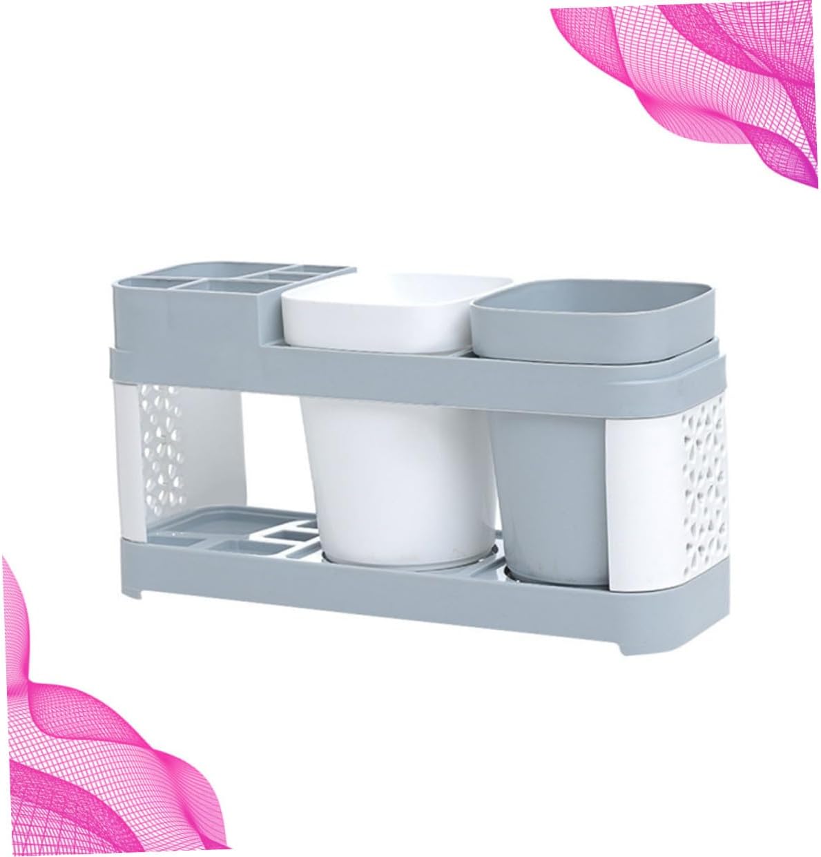 PRETYZOOM Multifunction Toothbrush Holder Set Plastic Cup, Desktop Toothbrush Rack in Grey White for Bathroom Storage and Home Use image 5
