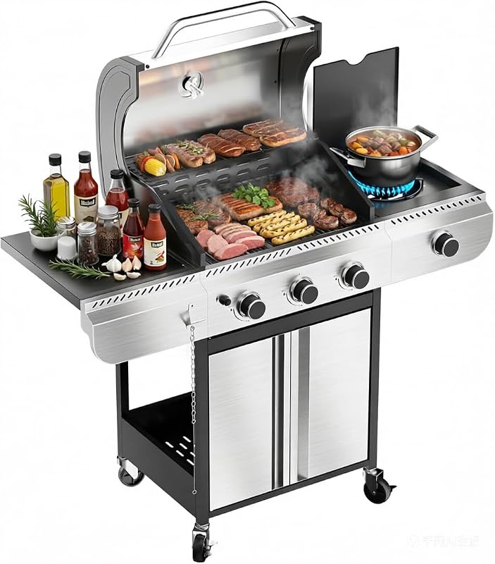 3-Burner Propane Gas Grill with Side Burner, 34,000 BTU Stainless Steel BBQ Grill – Heavy-Duty Porcelain-Enameled Grates for Patio and Outdoor Cooking 3 Burne Grill with Side Burner