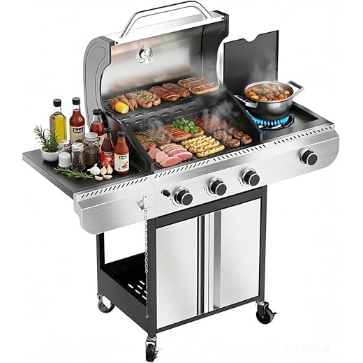 3-Burner Propane Gas Grill with Side Burner, 34,000 BTU Stainless Steel BBQ Grill – Heavy-Duty Porcelain-Enameled Grates for Patio and Outdoor Cooking
