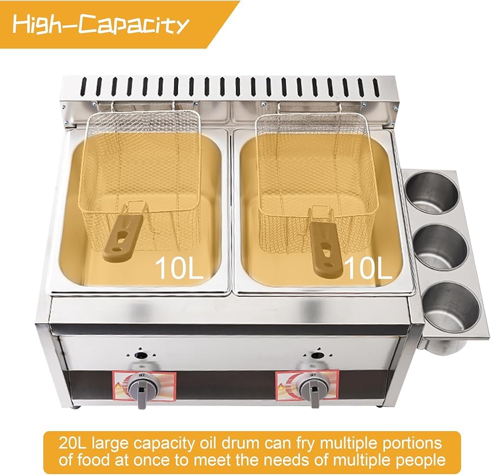 Friggitrice a gas di grande capacità, in acciaio inox, per uso domestico e commerciale, potenza di fuoco regolabile, con cestini e coperchi, per patatine, ciambelle, pesce, facile da pulire