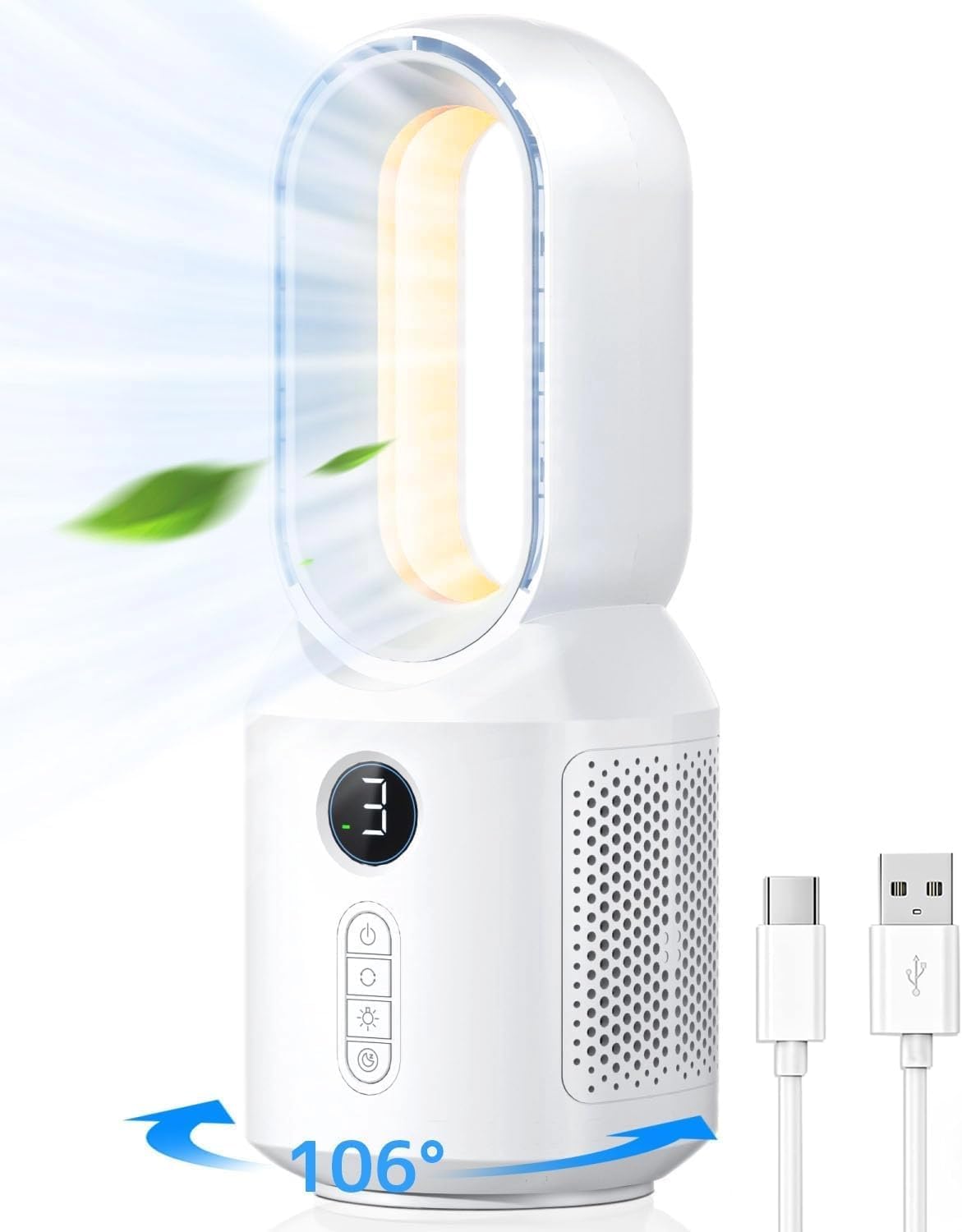 Oscillating Tower Fan, Bladeless Fan for Bedroom, Rechargeable Desk Fan with 3 Speeds, 3 Modes Brightness LED Light, Quiet Bladeless Standing Fan for Home Office, White