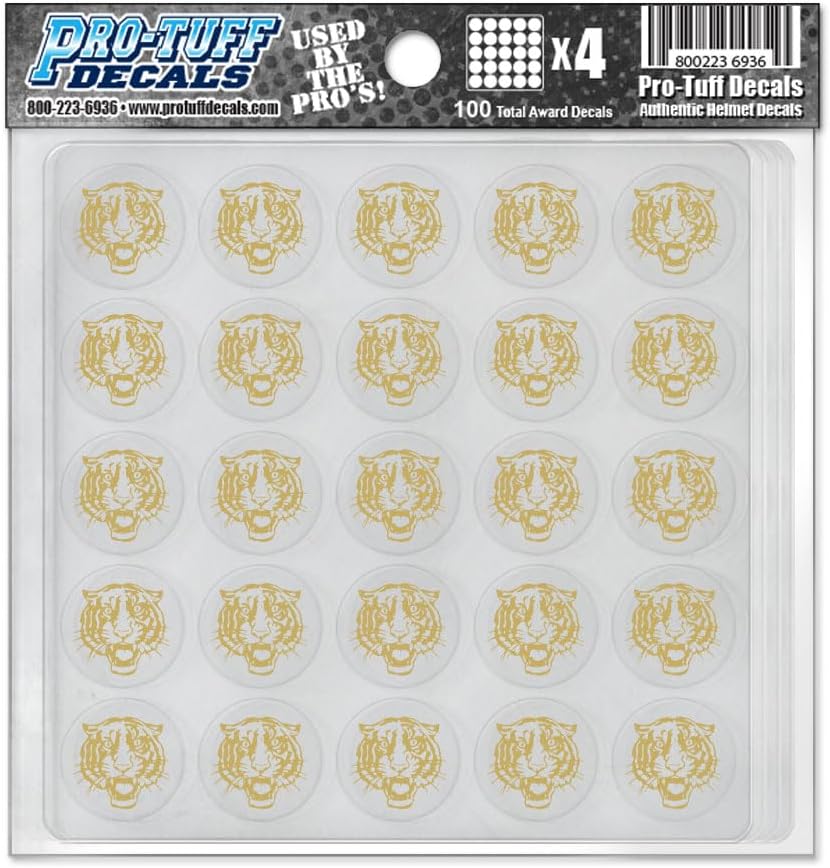 Tiger Award Decals Bengals Cats Thick mil Vinyl 1-1/8" Diameter (100 Decals) Stickers, Football, Baseball, Softball, Lacrosse, Hockey, Coaching, Motivation, Game and Practice (White on Clear)