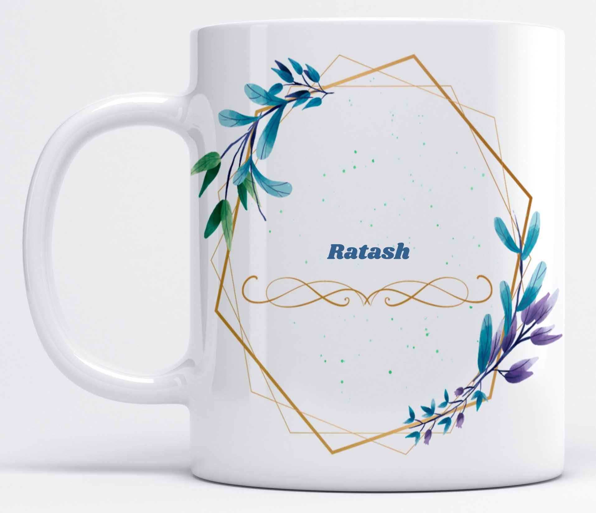 LOROFY Name Ratash Printed Floral Blue Diagonal Design Model S101A White Ceramic Coffee Mug (350ML)
