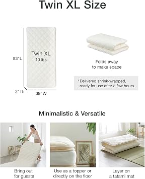 FULI Japanese Futon, Twin XL Size, White - Foldable Shikibuton Floor Bed - Medium Firm Quilted Cotton Sleeping Pad, Portable Roll-Up Japanese Floor Bed for Guests & Small Spaces