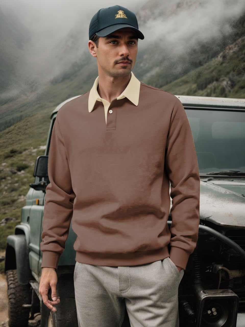 ZAFUL Mens Polo Shirts Long Sleeve Pullover Sweatshirts Contrast Collar Button Down Golf Shirt - Image 2