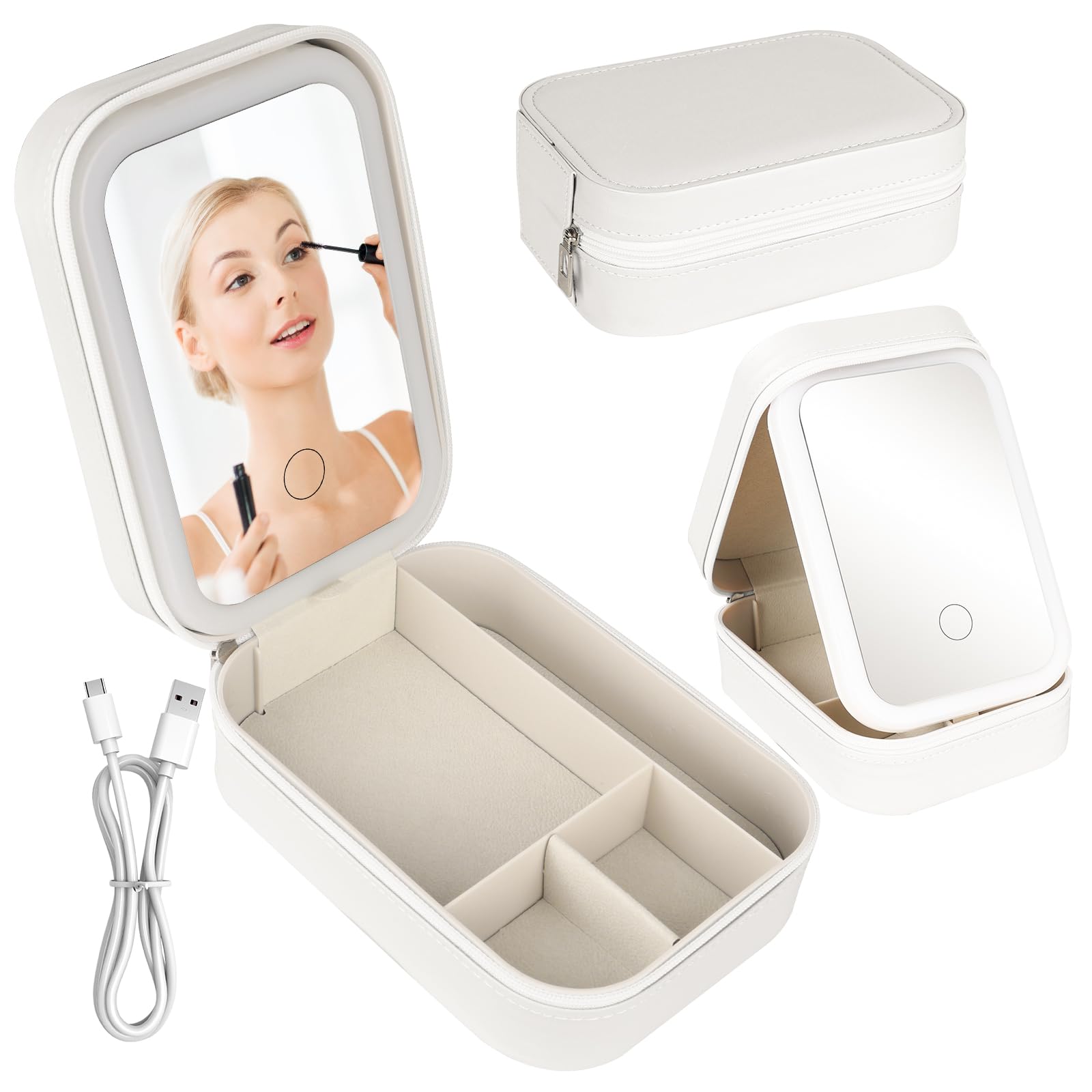 DAOUZL Maletín Maquillaje con LED Espejo, Bolsa de Cosméticos con 3 Luces de Relleno de Color, Bolsa de Maquillaje Portátil, Luz LED Estuche de Cosméticos, Maletín Maquillaje con Espejo Led