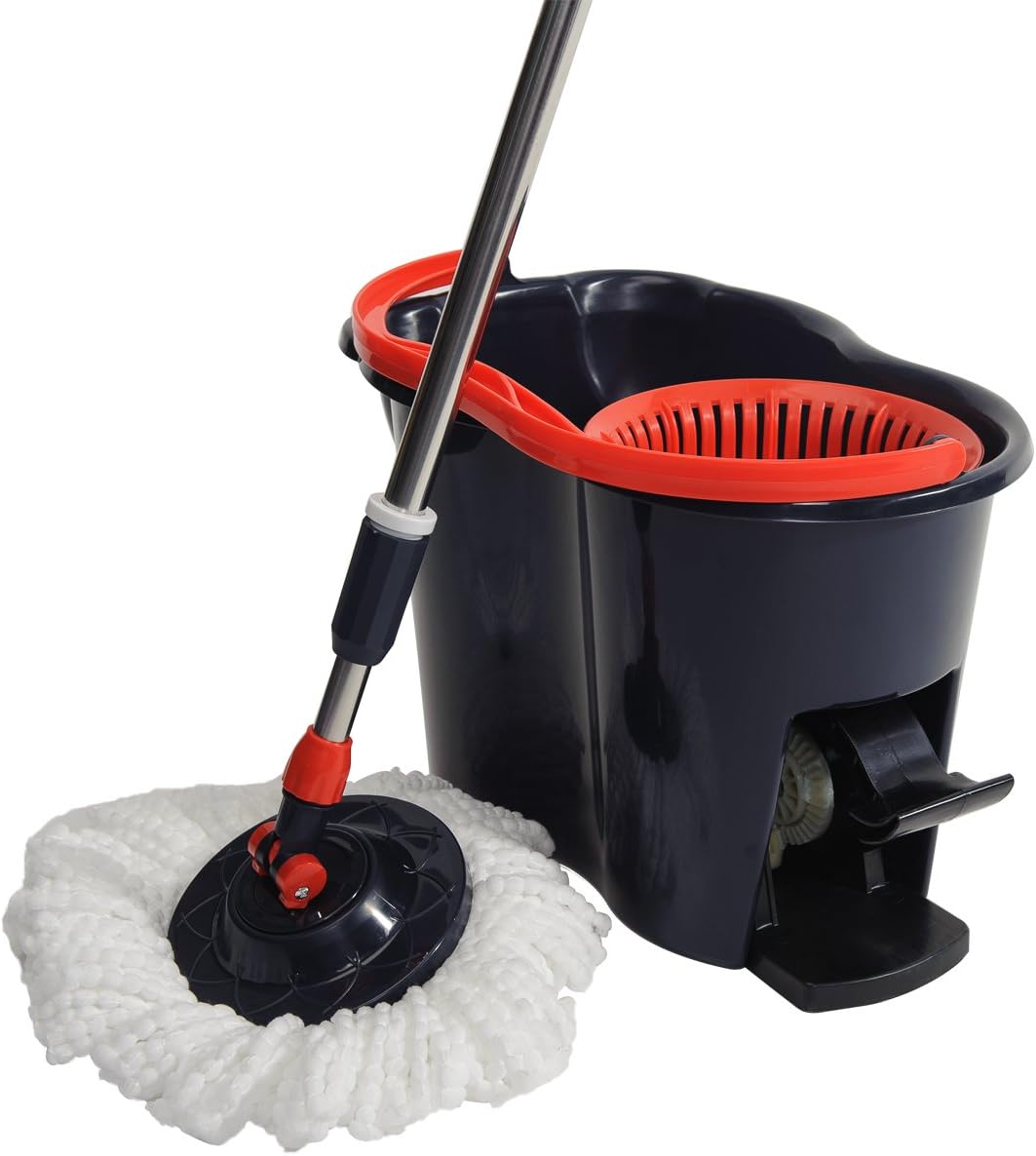 NFHOME Spin Mop & Bucket Cleaning System with 2 Microfiber Mop Head Refill, Easy Wring 360 Rolling Foot Pedal Floor Mop, Extended Length Adjustable Mop Pole with Stainless Steel Mop Plate