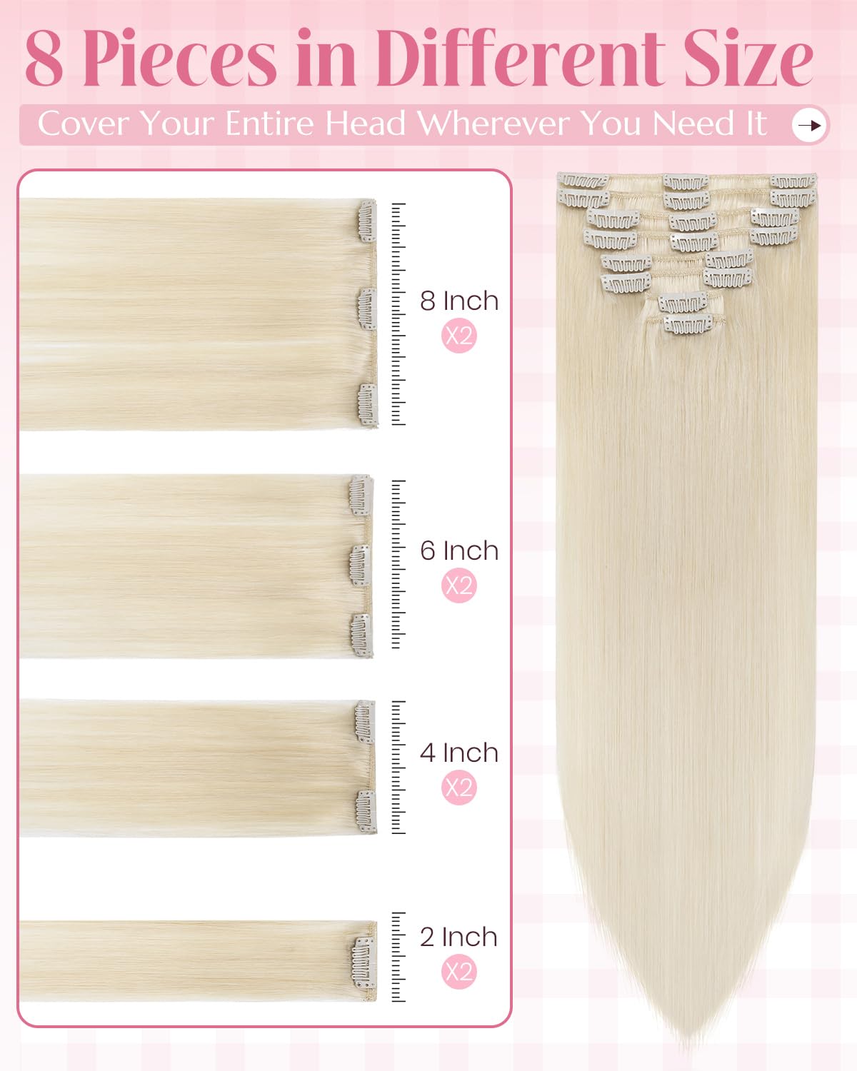 SLEEKALON Human Hair Extensions Clip in Real Hair Remy #60 Platinum Blonde - 14 Inch 60 Gram 8 Pcs Invisible Full Head Weft Straight - Image 3