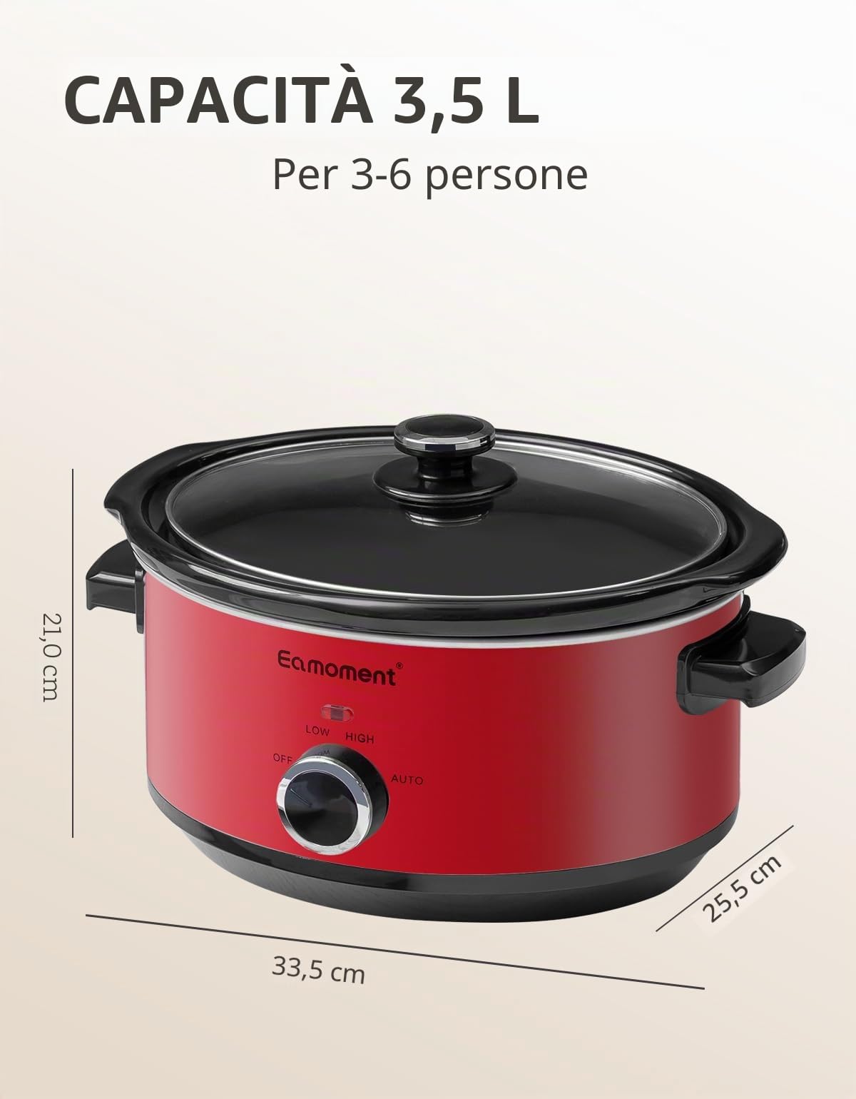 3,5L | 200W slow cooker con 3 impostazioni di calore e indicatore di potenza, lavabile in lavastoviglie e con manici, coperchio in vetro facile da pulire (rosso)