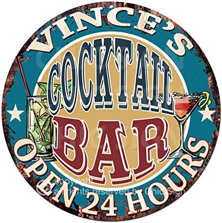 VinceS Cocktail BAR Open 24 Hours Chic Tin Sign Rustic Shabby Vintage Style Retro Kitchen Bar Pub Coffee Shop Man cave Garage Decor Gift Ideas