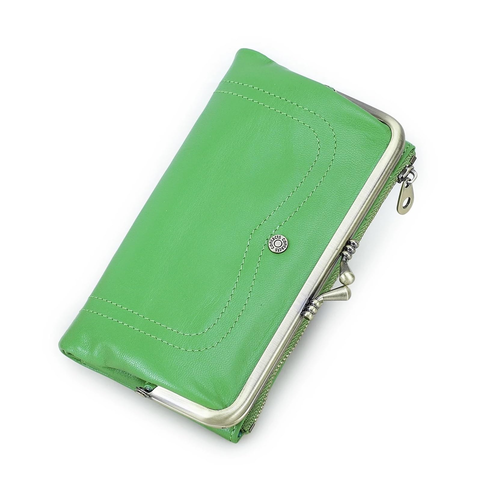 Donna Portamonete Borsello in verapelle Portafogli lunghi in vera pelle Kiss Lock for donna Portamonete con portamonete struttura in metallo classico(Green)