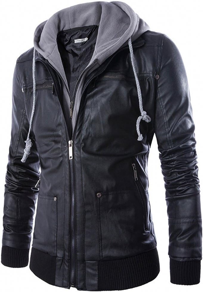 Venxic Men Leather Motorcycle Jacket with Removable Hood Double Zipper Slim Fit Moto Coat Black