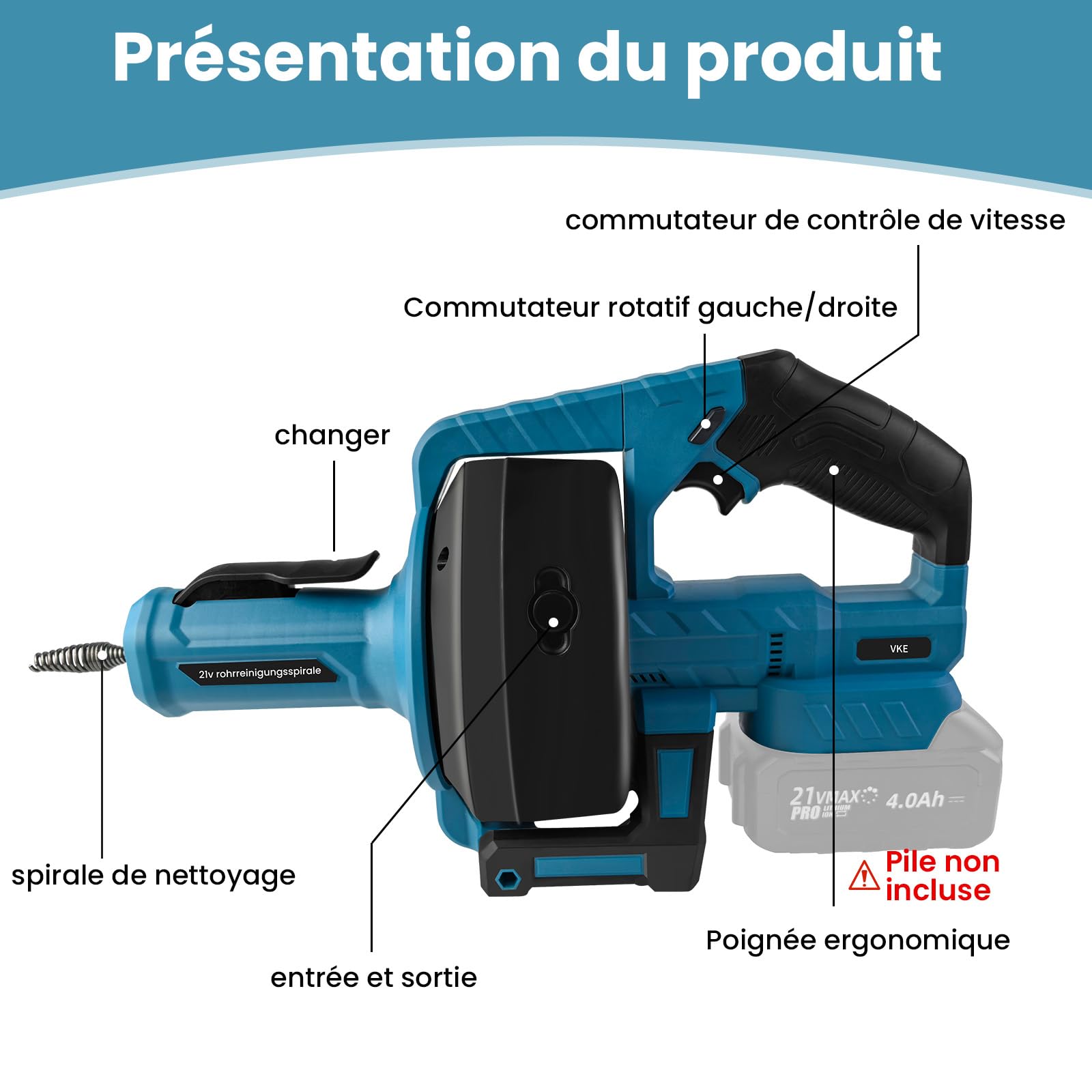 VKE Furet déboucheur de canalisation sans fil, kit nettoyage tuyaux 21V | Câble flexible 7m, adapté tuyaux 20–75mm, livré avec accessoires pour évacuations domestiques