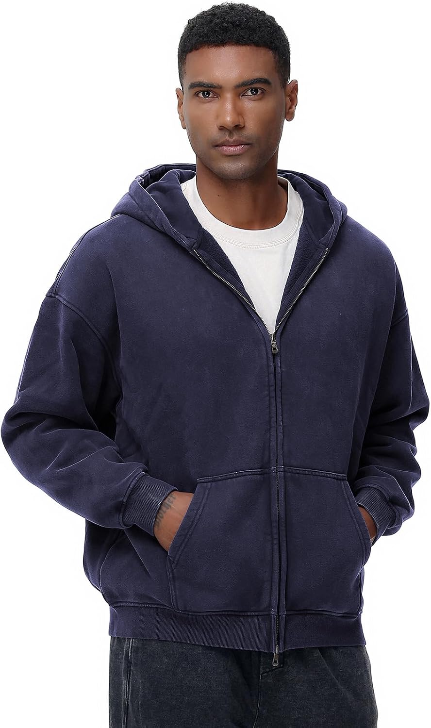 Mens Womens Fleece Double Zip Up Hoodies Oversized Acid Wash Vintage Heavyweight Sweatshirt Hooded Jacket