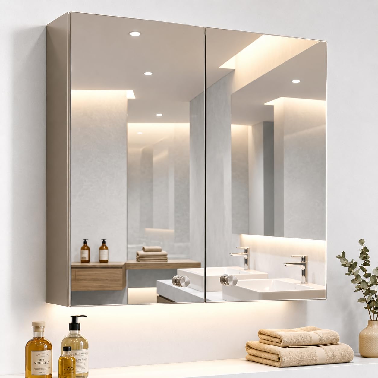 Dropin (18×18 Inch, Chrome Finish 304 Stainless Steel Bathroom Mirror Cabinet, Heavy-Duty Storage Cabinet/Wall Mounted Mirror Bathroom Cabinet Separate Compartments for Storage discount deal