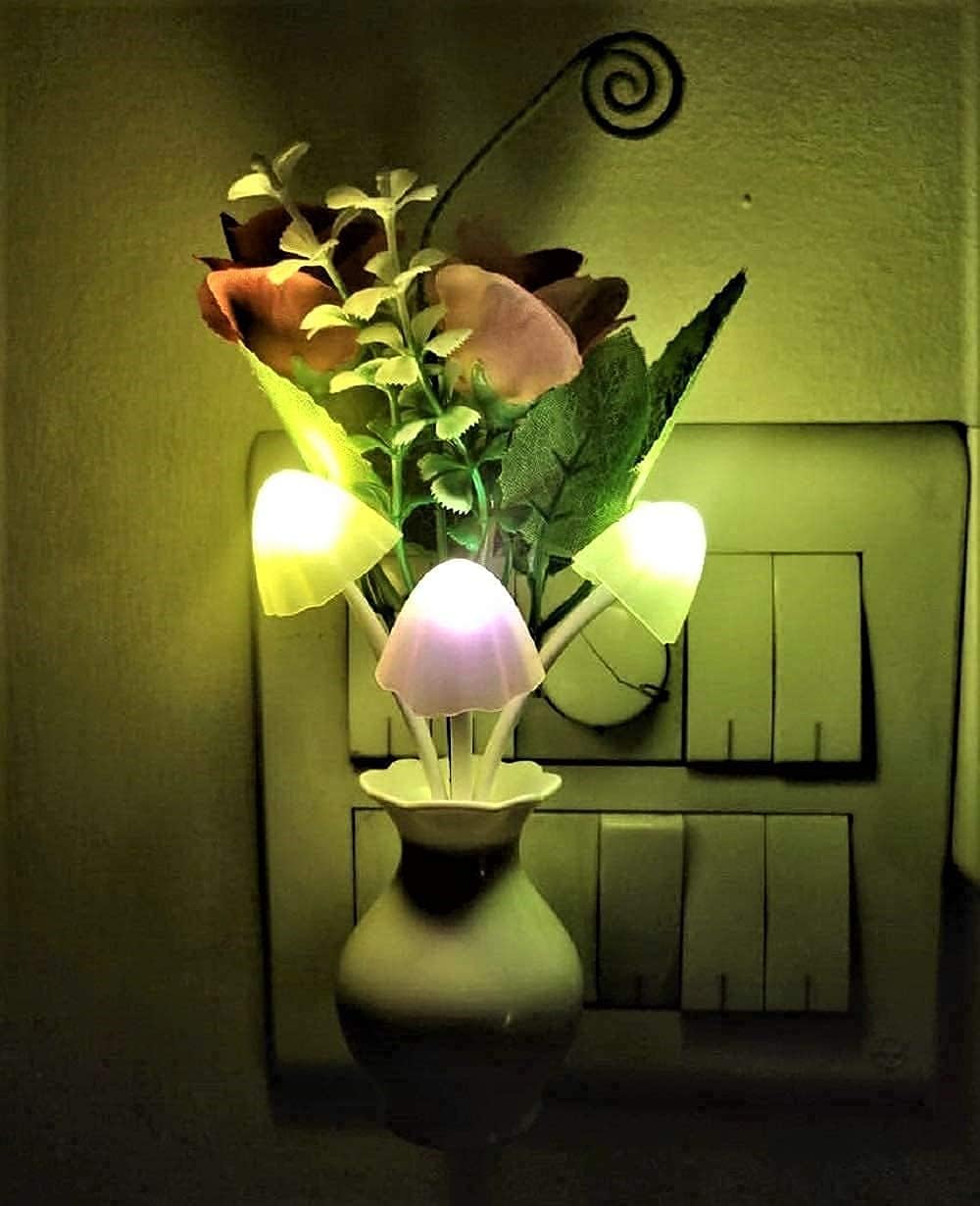 Promotion Mall LED Dream Smart Sensor Night Light with Auto On Or Off Sensor Mushroom Lamp in Multi Color Illumination with Flower Pot and Leaves ( Pack of 2 )