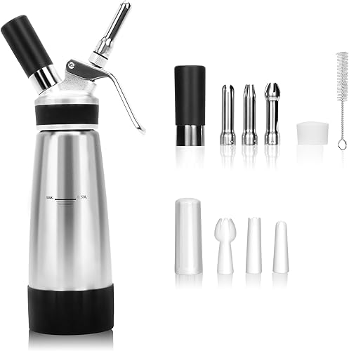 Dispensador de crema batida de acero inoxidable, 1 pinta de 16.9 fl oz, máquina de crema batida para postres, salsas, chocolate, cargadores N2O no