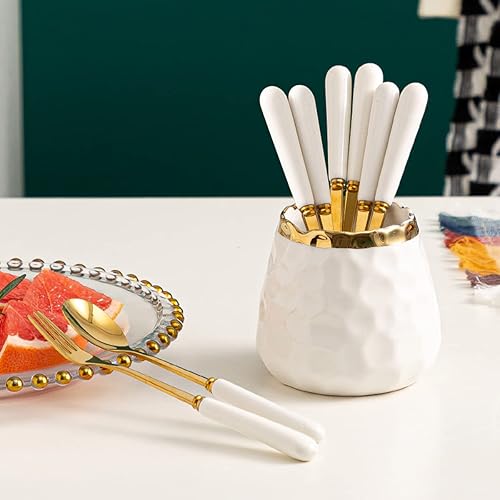 Miniatura 2 de Fvstar Juego de vajilla de acero inoxidable para café, cuchara de postre, tenedor de postre, tarro de cerámica con 4 tenedores y 4 cucharas, juego