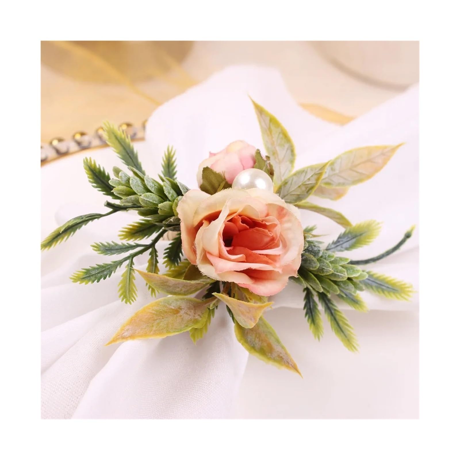 Lot de 6 Ronds Serviette Fleuris ornés Perles, Parfaits for Les Mariages, fêtes, Noël, Jours fériés et Thanksgiving pour DéCoration Table