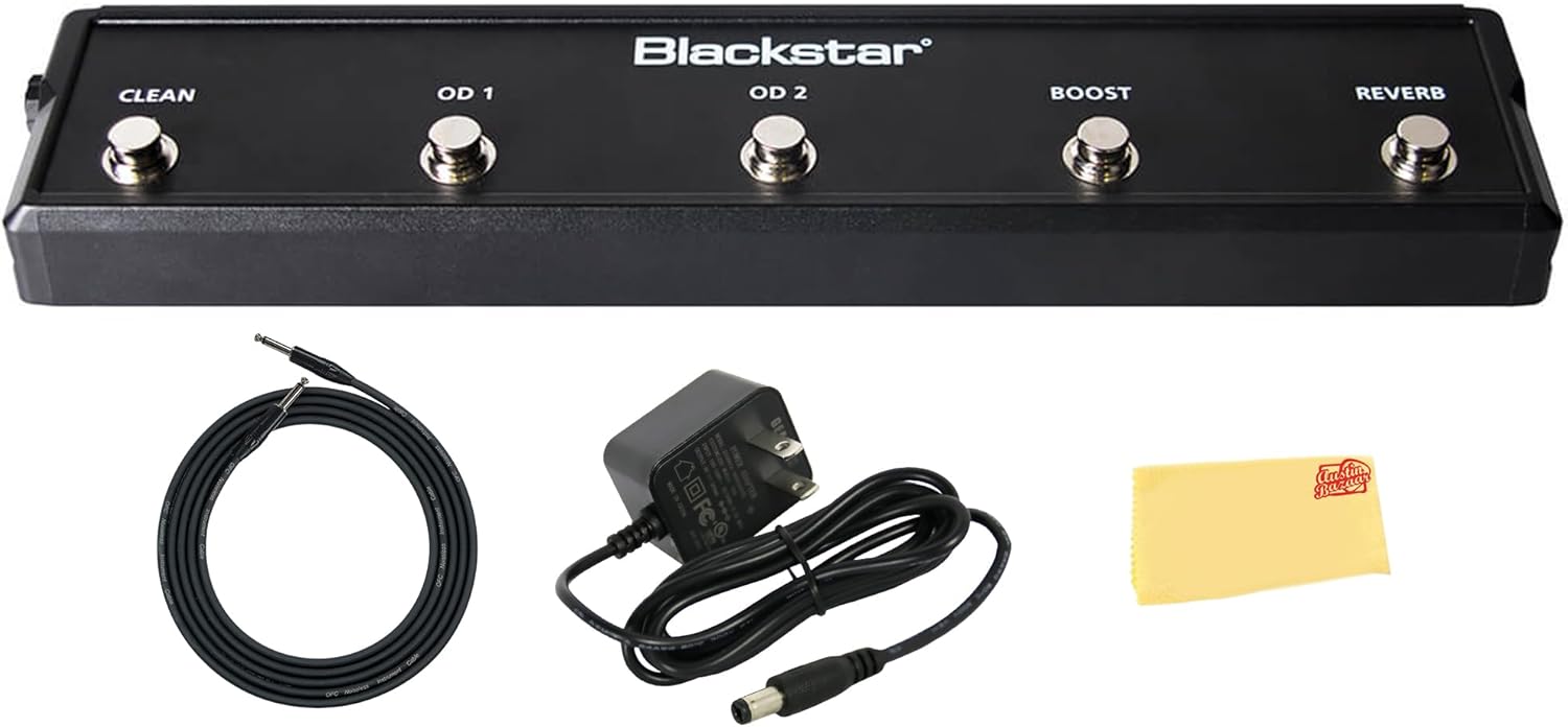 Blackstar FS-14 HT Venue MkII/MKIII 5-Button Footswitch Bundle with Power Supply, Instrument Cable, and Austin Bazaar Polishing Cloth