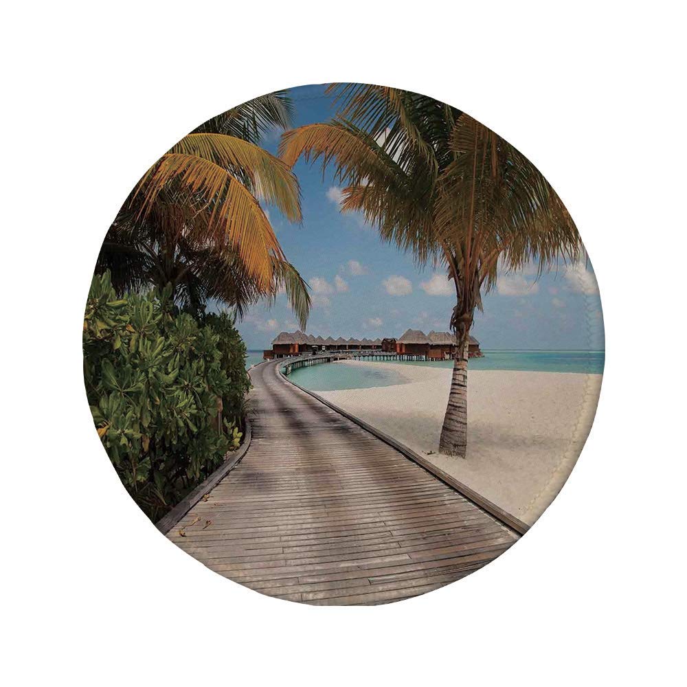 Non-Slip Rubber Round Mouse Pad,Beach,Bungalows at Tropic Island Coconut Palm Trees on The Beach Secret Paradise Maldives,Multicolor,7.9"x7.9"x3MM