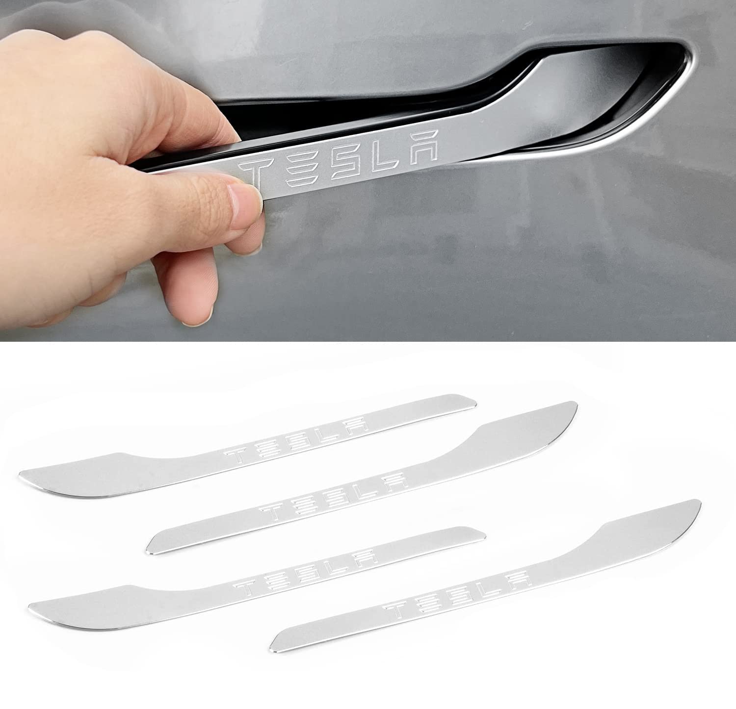 ONKENTET 4PCS Door Handle Cover Compatible with Tesla Model 3 Model Y Aluminum Alloy Protector Matte Wrap Accessories Trim Decal Sticker with T Logo Door Kit Decal Covers (Silver)