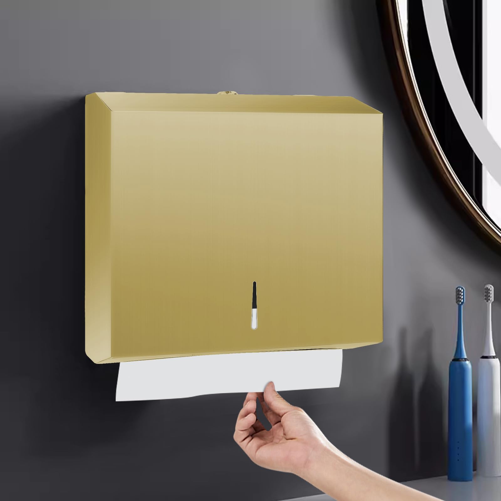 Stardrix Dispenser di asciugamani di carta da parete, in acciaio inossidabile dorato spazzolato, porta asciugamani di carta commerciale con serratura, grande capacità 250 C piega/300 asciugamani