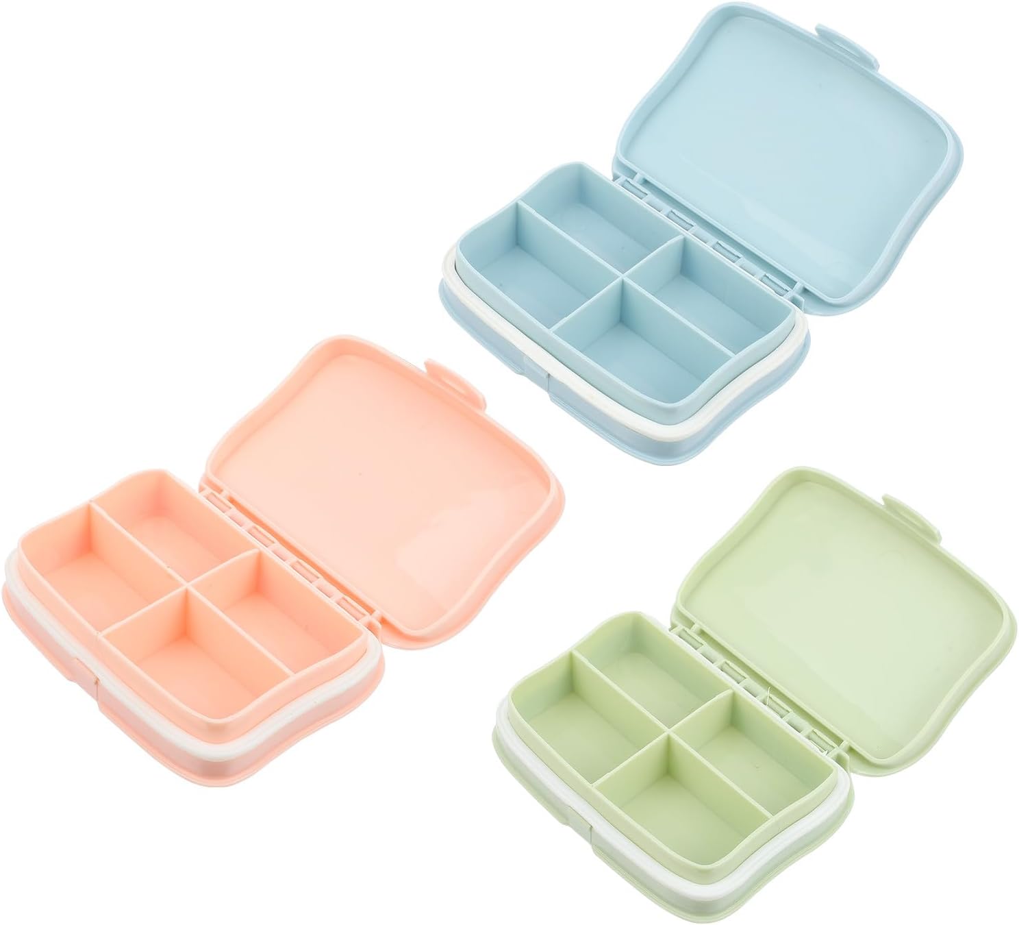 3Pcs Portable Pill Organizer with 4 Compartments Plastic Storage Boxes for Medicine, Jewelry, and Small Accessories Travel Case, Assorted Pink Green Blue Colors