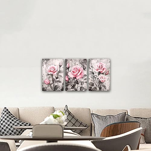 Miniatura 5 de Juego de 3 piezas de arte de pared en lienzo de rosas, pinturas de flores rosas, impresiones florales vintage rosa y gris, regalos para mujer