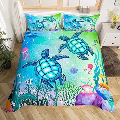 Sea Turtle Duvet Cover Green Blue Ocean Bedding Set Full,Colorful Underwater World Comforter Cover Set For Kids Child,Nautical Sea Animal Reptile Bed Sets Under Sea Fish Jellyfish Bedroom Decor #TOP5