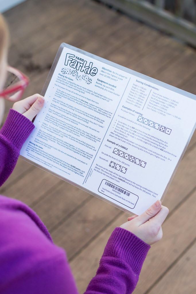 YARD FARKLE SCORE CARDS with Rules on the back- Laminated Farkle Score Card, Reusable Score Card, Size- 8.5" x 11" (FIVE Farkle Score Cards)