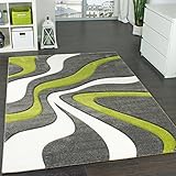 Sehr strapazierfähig Paco Home Designer Teppich mit Konturen-Schnitt Modernes Wellen Muster in Grau Grün Creme, Grösse:80x300 cm