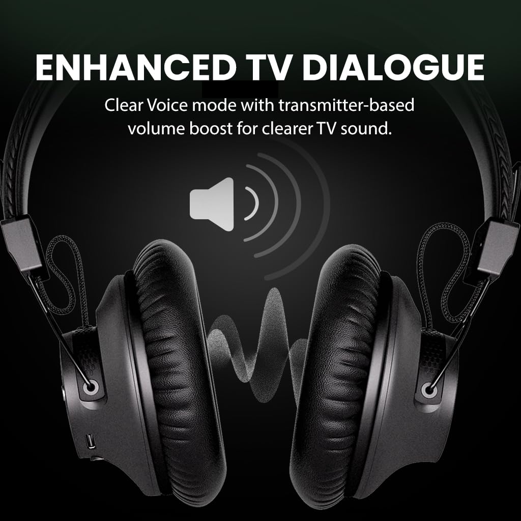 Avantree HT5009 Plus – bezprzewodowe słuchawki do telewizji z optycznym (TOSLINK) lub AUX, wyraźny dźwięk i wzmocnienie głośności, wygodne over-ear, 60 h pracy, stacja dokująca