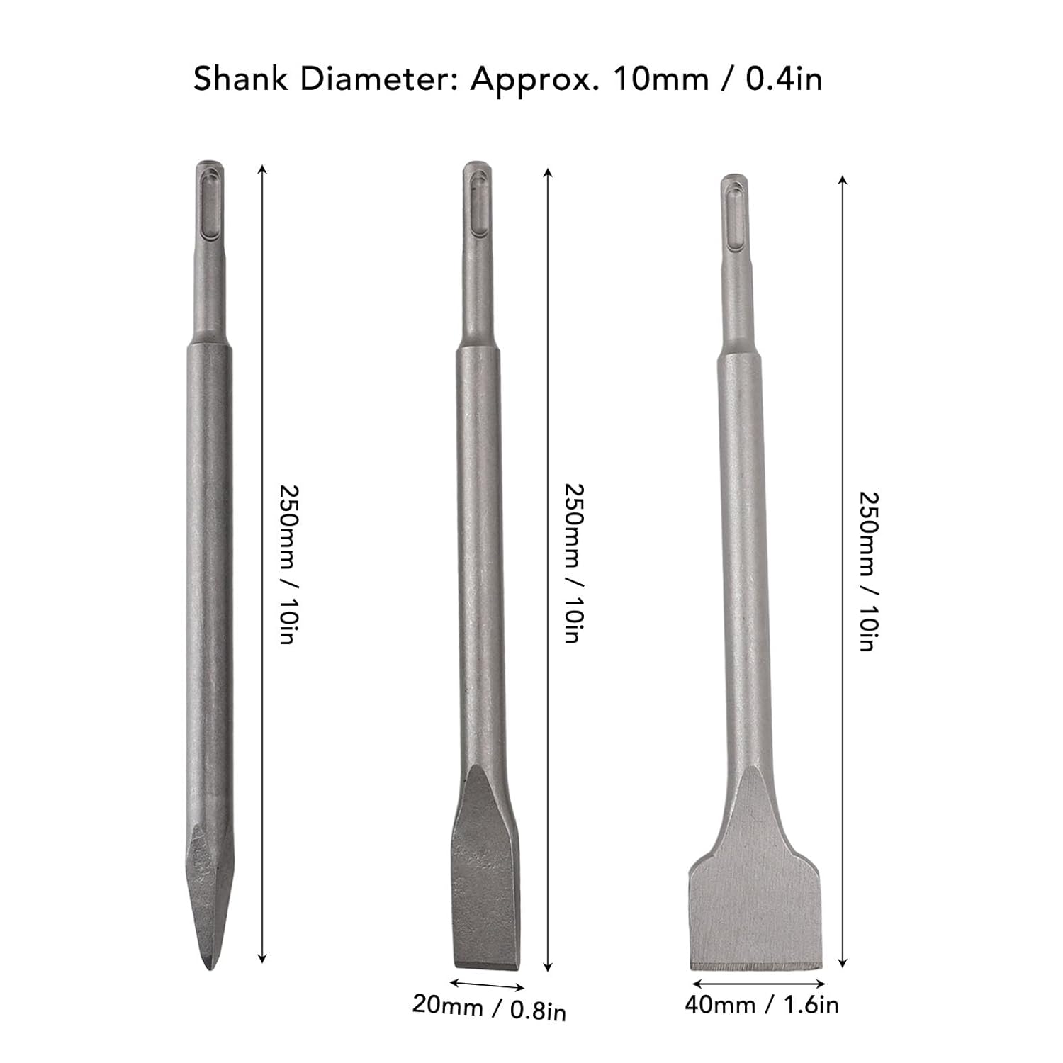 Fafeicy 6pc Hammer Drill Chisel Set 40CR Flat Point Scaling Chisels with Round Shank Two Pit Two Slot for Brick Concrete Cement Masonry Tile Removal