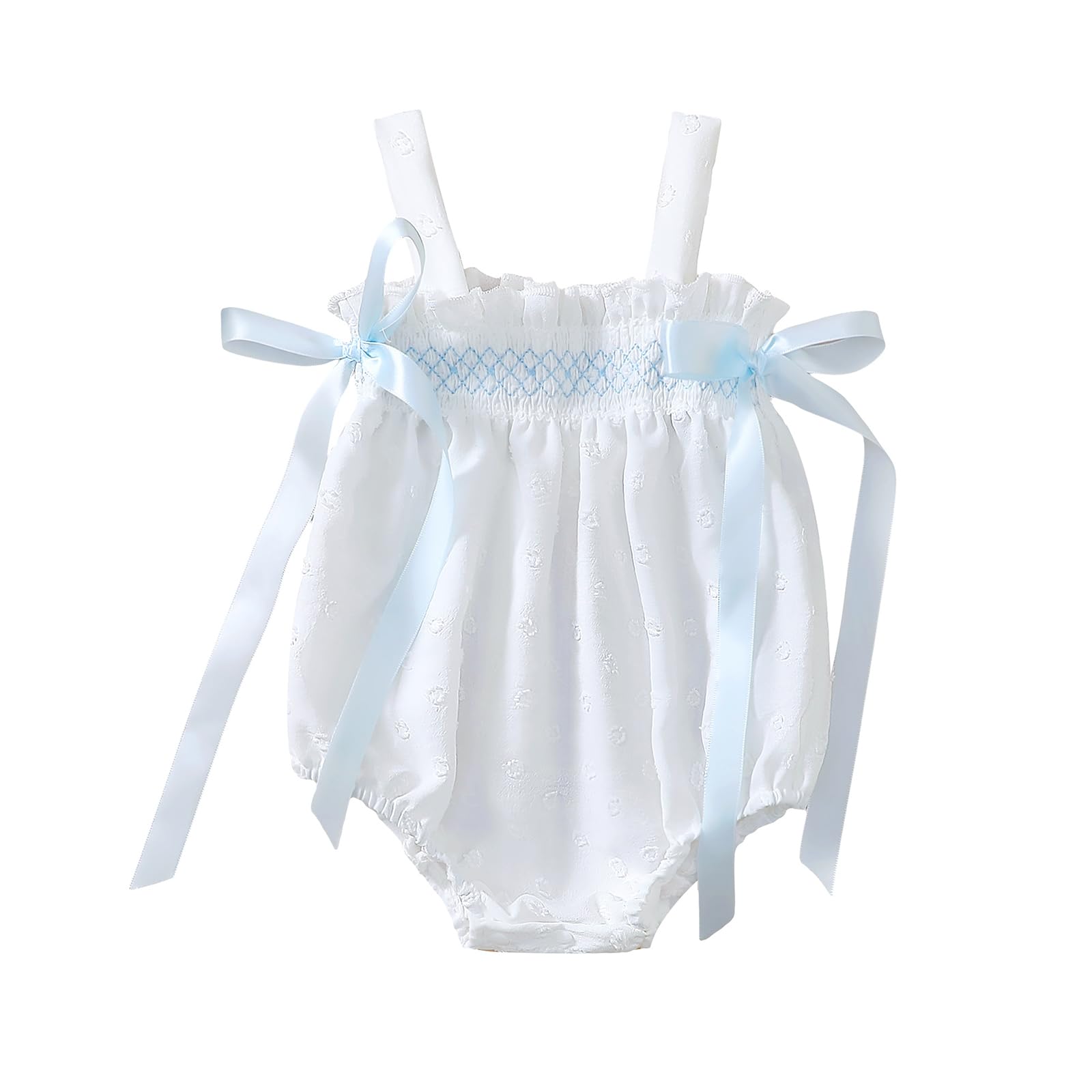 Honganda Newborn Baby Girl Summer Outfit Bow Ruffle Decor Smocked Bubble Romper Infant Baby Shower Gifts White 6-12 Months