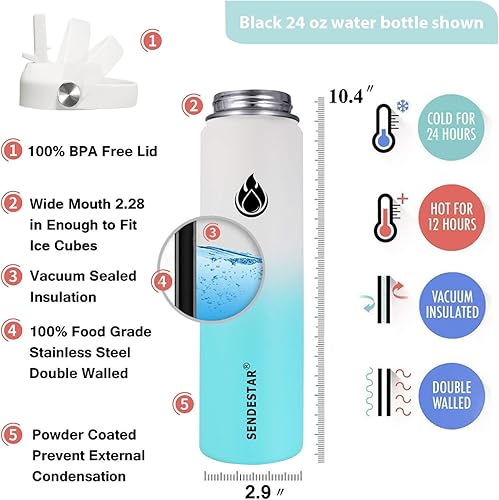 Miniatura 78 de SENDESTAR Botella de agua de acero inoxidable, botella de agua de boca ancha de 24 onzas con tapa con popote, tapa de boquilla, doble pared aislada