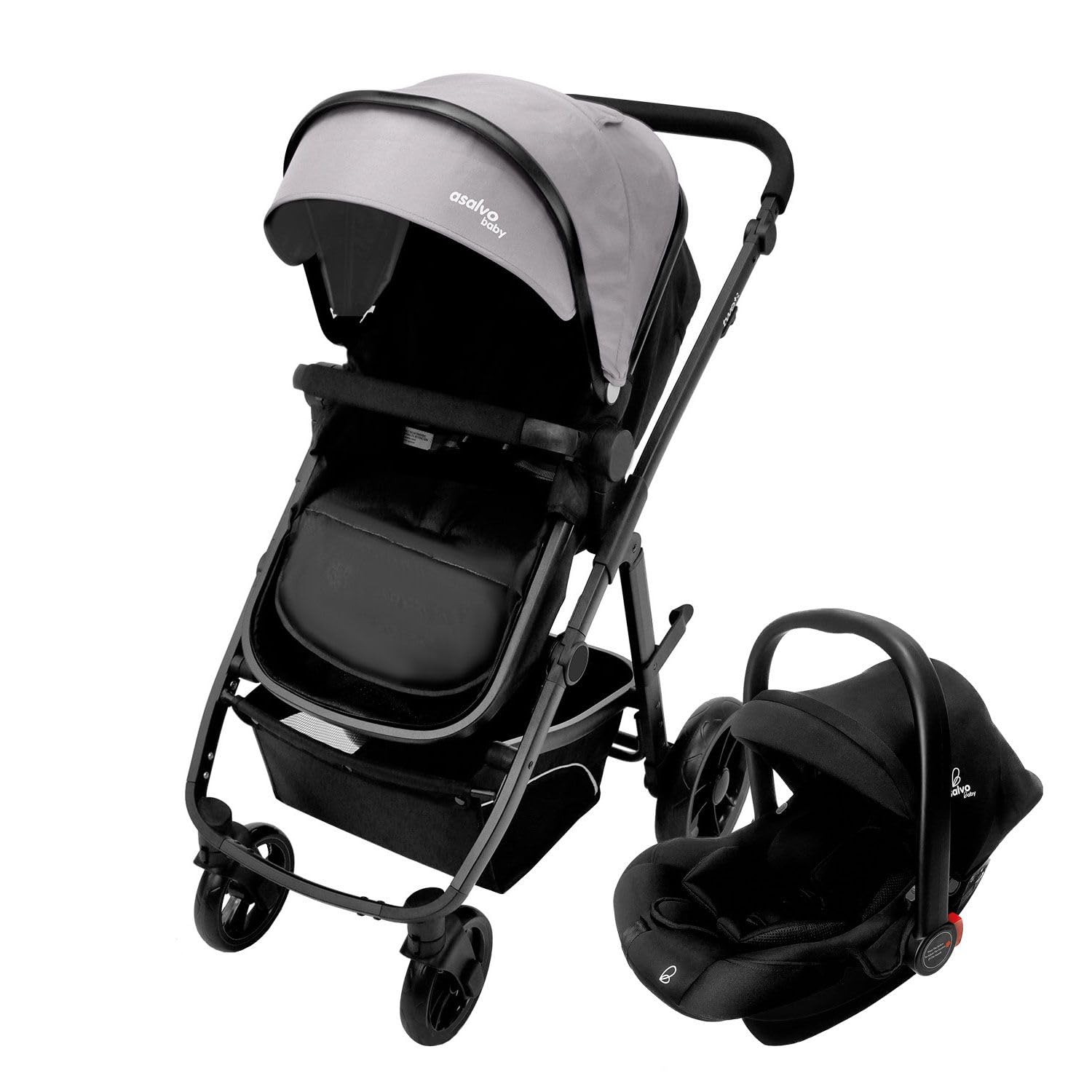 Asalvo TWO+ 2 Trío Convertible 3 en 1, Silla de Paseo, Carrito de bebé, Silla de Auto, Plegable, Compacto y Reclinable, Suspensión en las ruedas, Silla reversible, Amplio capazo, hasta 23 kg, Gris