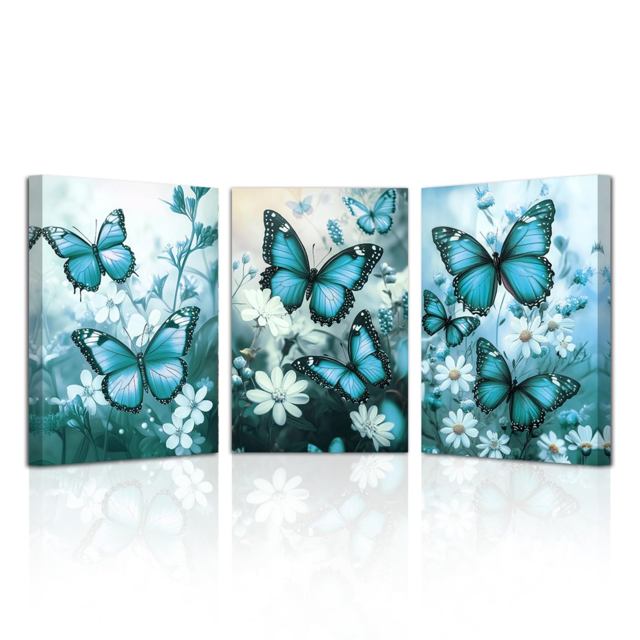 LZIMU Butterfly Canvas Wall Art 3 Pieces Butterflies with Flower Pictures Prints Framed Butterfly Wall Decor for Fantasy Girls Room (Teal, 11x14inchx3 Pieces)