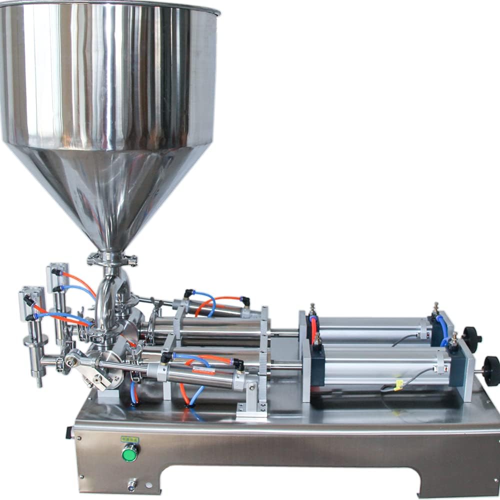 DMC-FPPS Horizontal Pneumatic Liquid and Paste Filling Machine 100-1000ml Double Nozzle Piston Filler Semi-Automatic Paste Dispenser for Oil, Cream, Lotion, Honey and Butter
