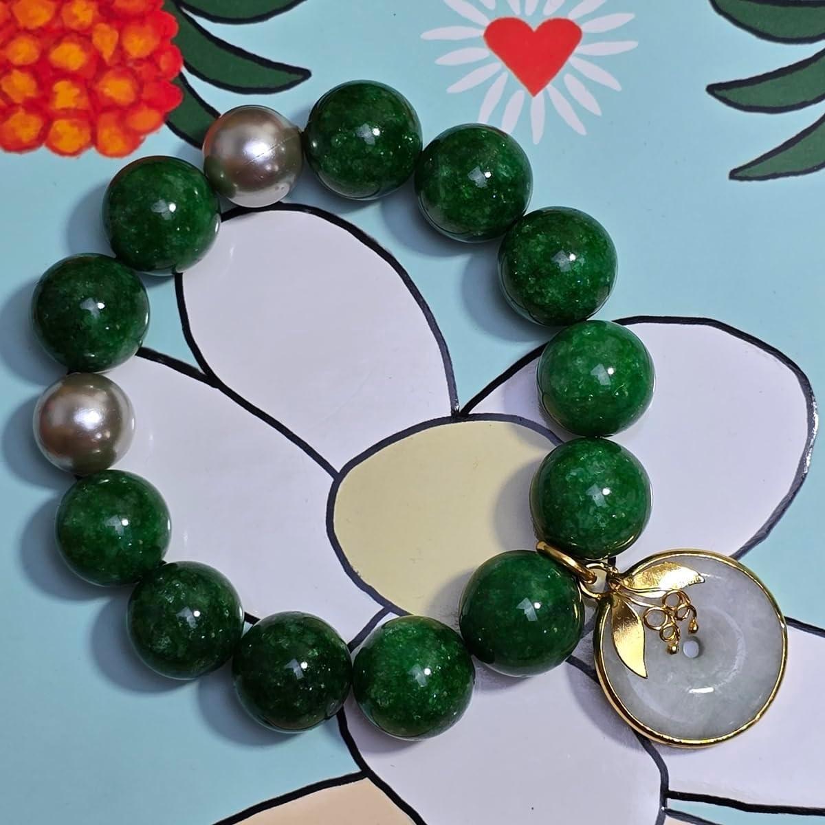 Heavens Tvcz Natural Green Jade Round 14 mm Gems Healing Energy Real Bracelet Bangle for Women Charms with Pendant Jade Coin Donut Money Powerful Thai Prosperity Success, Elastic Rope Inner Lenth
