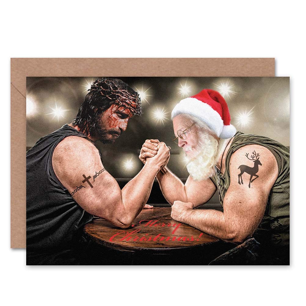 Wee Blue Coo CARD MERRY CHRISTMAS XMAS JESUS VERSUS SANTA ARM WRESTLE GIFT
