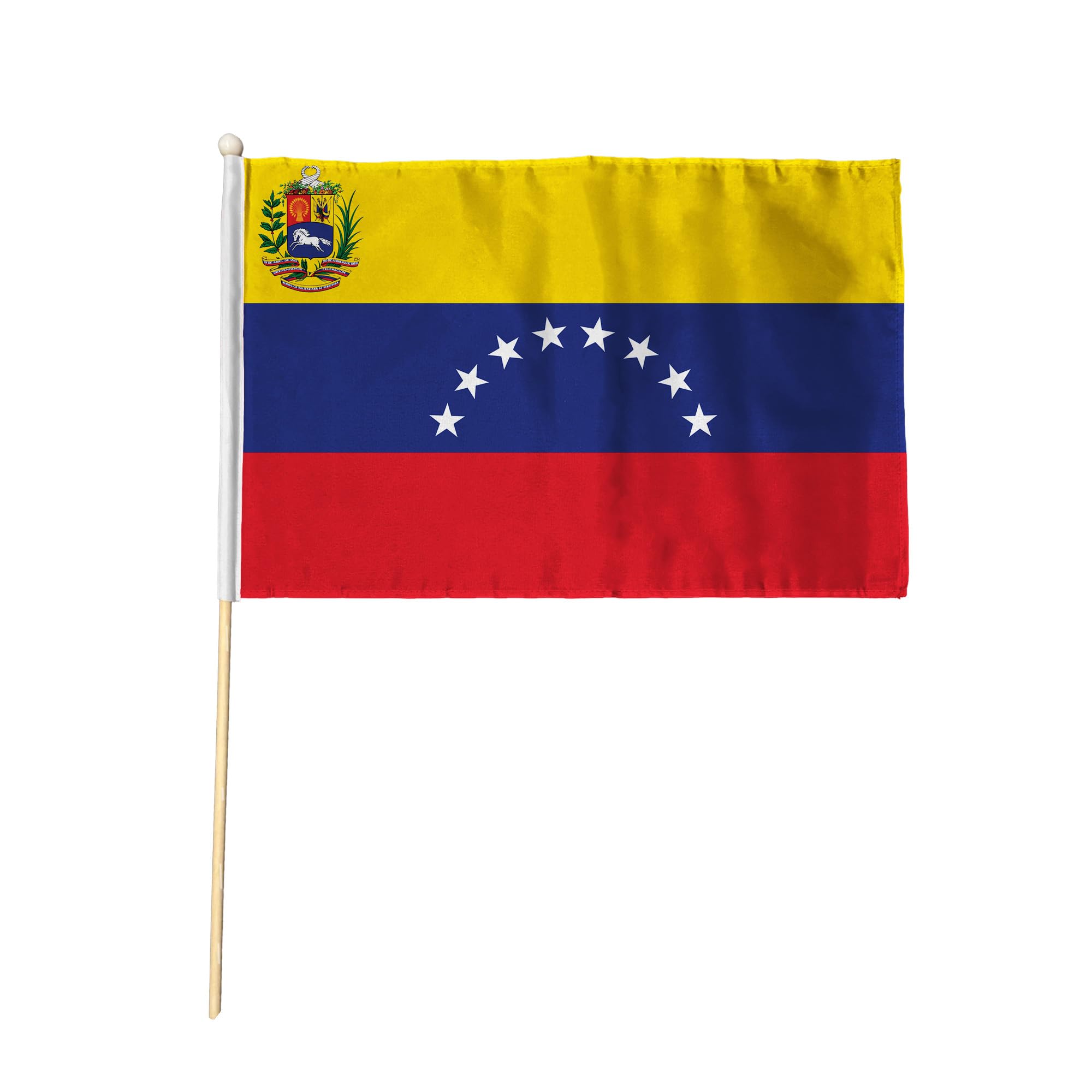 Flagtex Venezuela with Crest Pack of 6 Hand Waving Flag (18x12 Inch Large) - Premium Wooden Stick Hand Flag Big Size Natural Wood Pole Yellow Blue Red Coat Arms Flag
