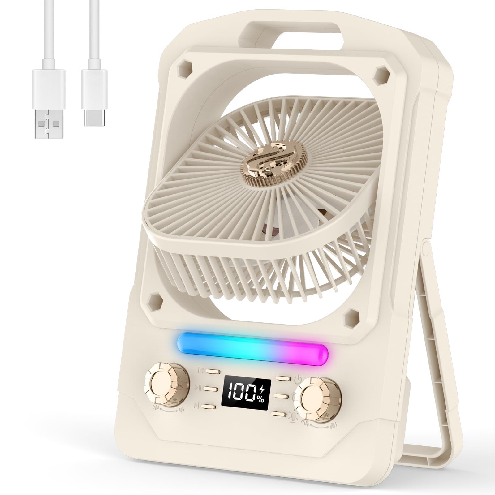 IERAKOR Tischventilator Leise mit Bluetooth, Akku Mini Ventilator 6000mAh | Bluetooth Lautsprecher, 6000mAh Akku, 100 Stufen, 5 Lichtmodi, 8H Timer, Faltbar, Ideal Für Büro Und Camping