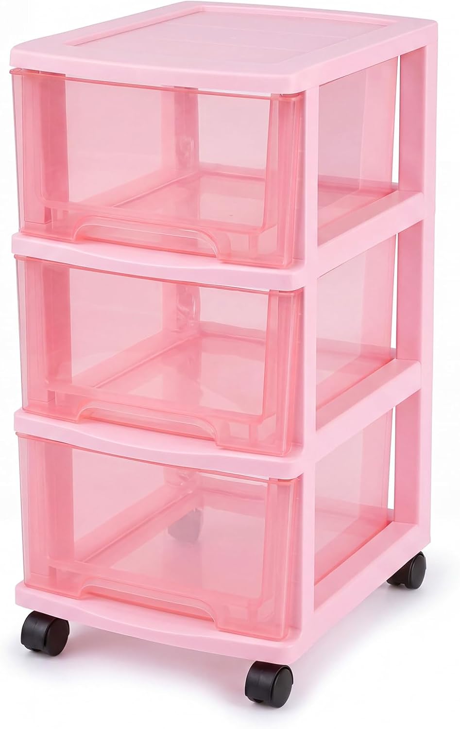 Novabright Pink 3-Tier Drawer Tower, Rolling Drawer Plastic Storage Organizer Cart with Removable Wheels, Plastic Storage Drawers for Bedroom Bathroom Home Office Dorm Room